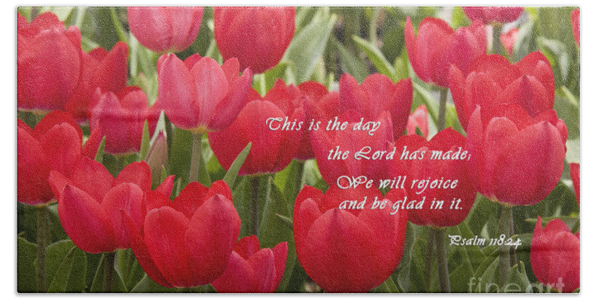 Red Bath Towel featuring the photograph Red Tulips with Scripture by Jill Lang