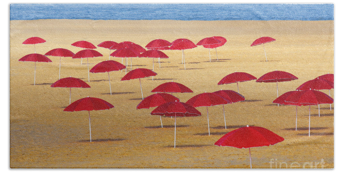 Abstract Hand Towel featuring the photograph Red Umbrellas by Carlos Caetano