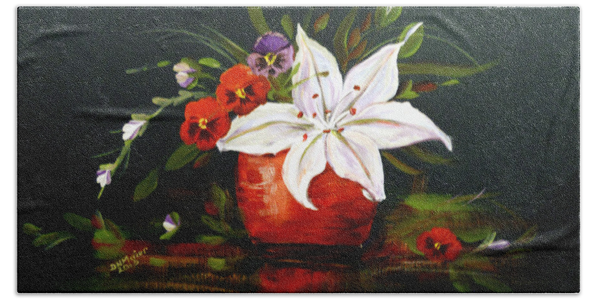 Flowers Bath Towel featuring the painting Red Vase with Lily and Pansies by Dorothy Maier