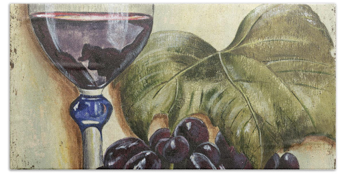 Wine Hand Towel featuring the painting Red Wine And Grape Leaf by Debbie DeWitt