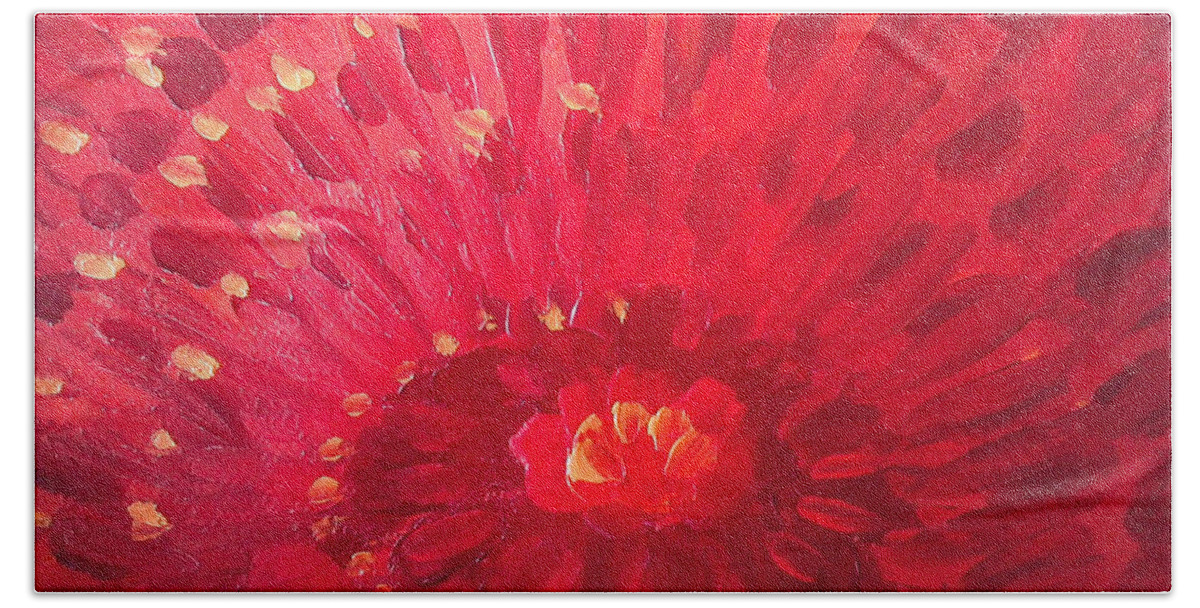 Abstract Hand Towel featuring the painting Red Zinnia by Holly Carmichael