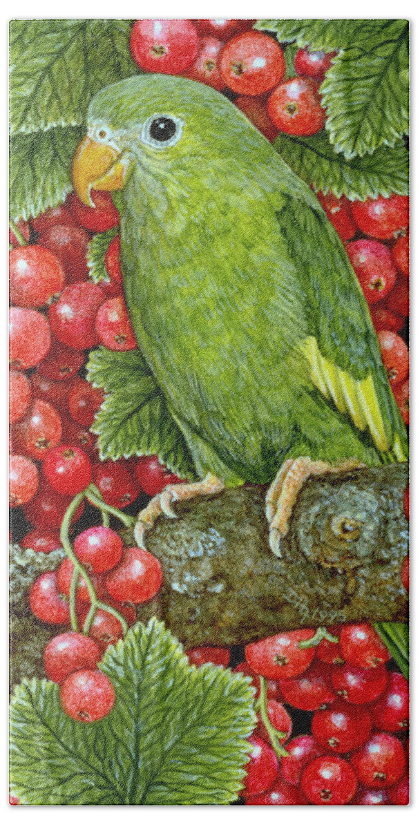 Redcurrant Parakeet Hand Towel featuring the painting Redcurrant Parakeet by Ditz