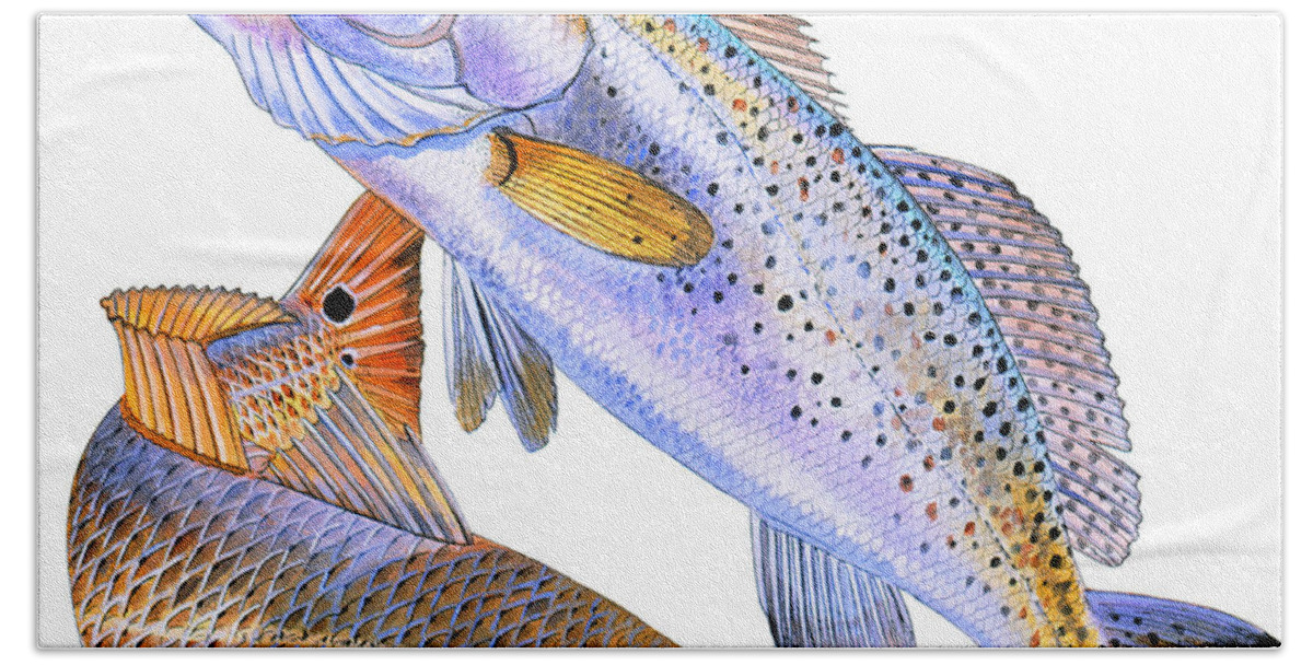 Trout Hand Towel featuring the painting Redfish Trout by Carey Chen