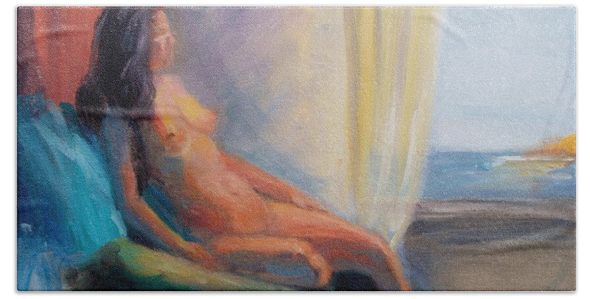 Figure Hand Towel featuring the painting Reflecting by Donna Tuten