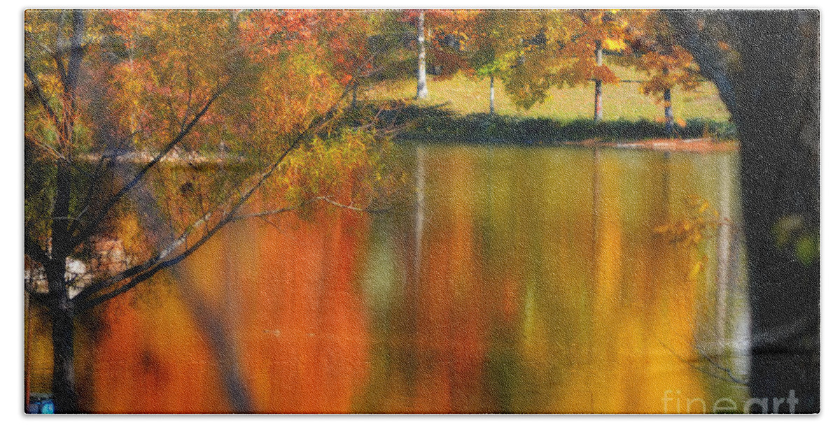 Autumn Bath Towel featuring the photograph Reflection of My Thoughts Autumn Reflections by Peggy Franz