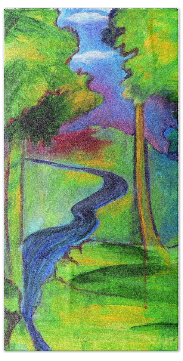 Landscape Hand Towel featuring the painting RendezVous Triptych by Elizabeth Fontaine-Barr