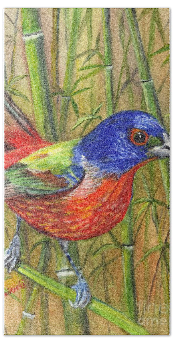 Painted Bunting Bath Towel featuring the painting Resplendent Painted Bunting by Carol Wisniewski