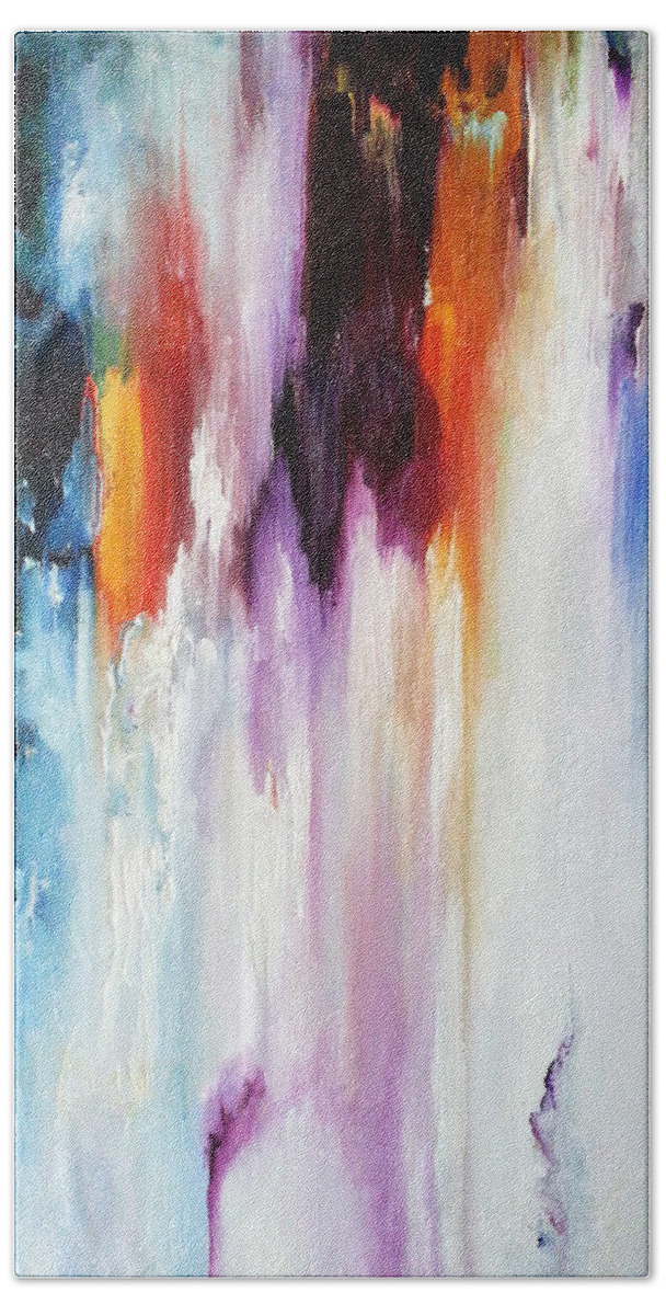 Abstract Colors Vibrant Soothing Turquoise Fuchsia Orange Red Ultramarine Hand Towel featuring the painting Resta del Giorno IV by Brenda Salamone