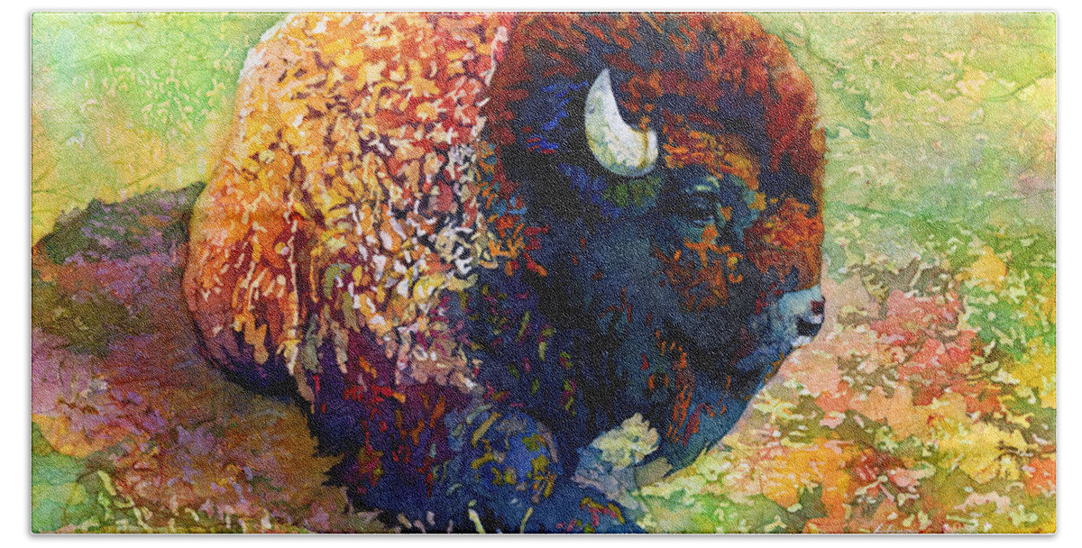 Bison Hand Towel featuring the painting Resting Bison by Hailey E Herrera