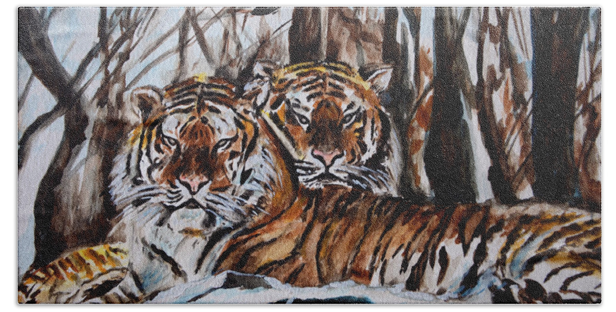 Tiger Bath Towel featuring the painting Resting by Harsh Malik