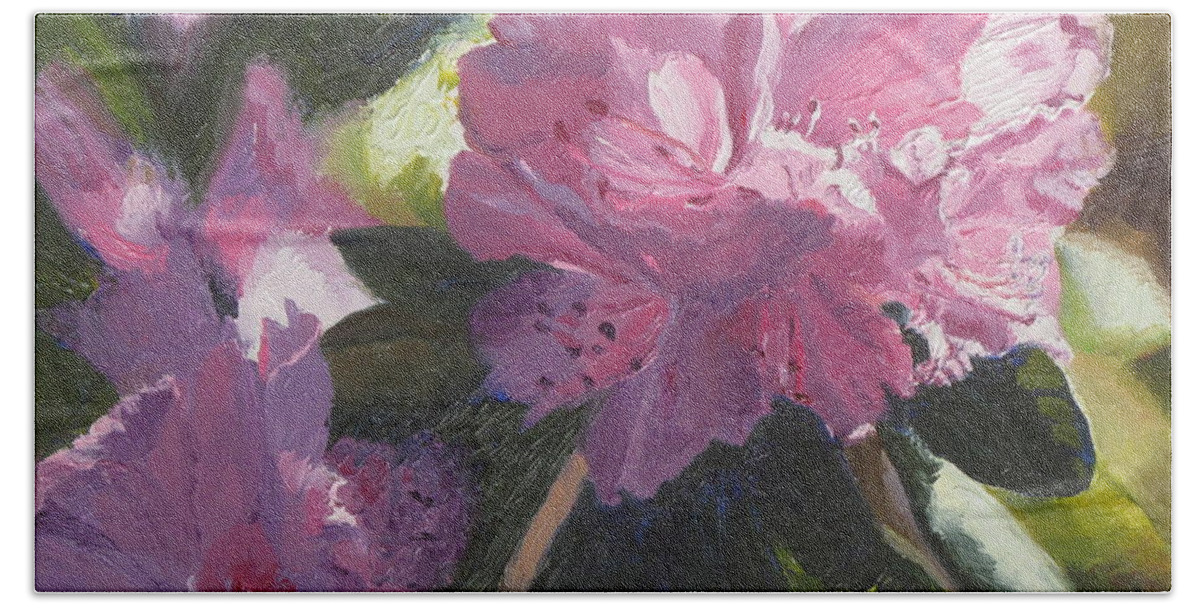 Flowers Hand Towel featuring the painting Rhododendron Squared by Lea Novak