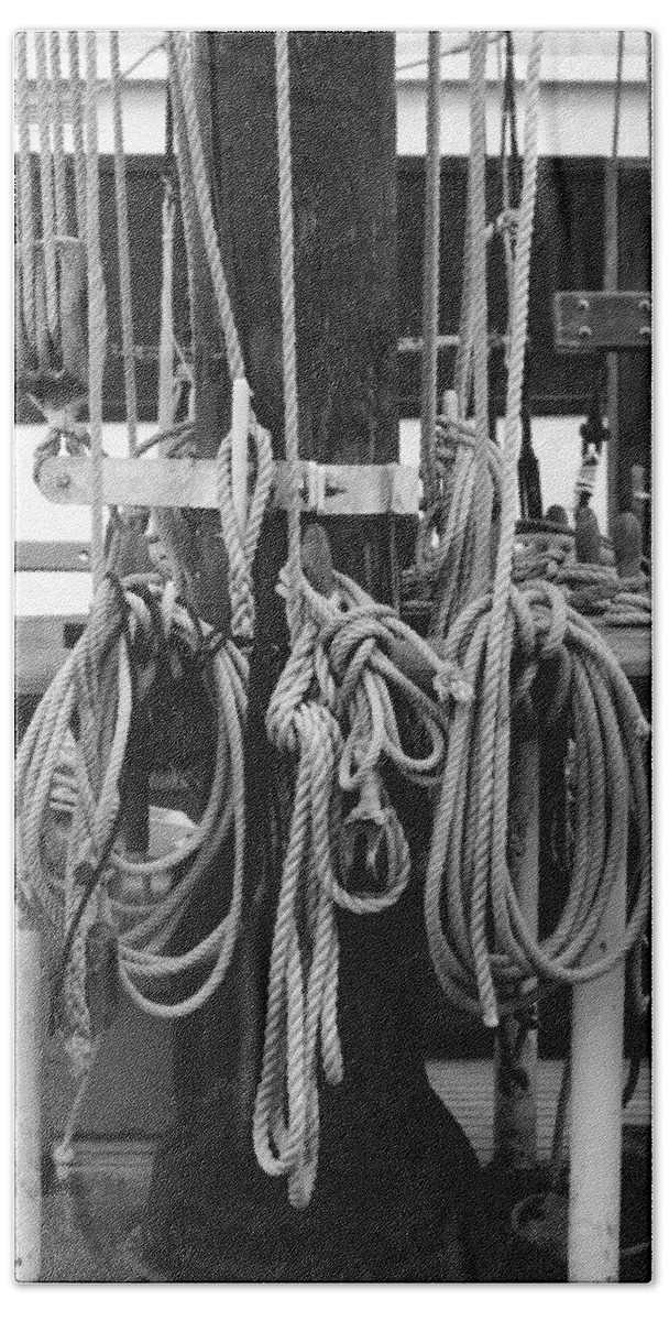 Belaying Pin Bath Towel featuring the photograph Rigging on a tall ship - monochrome by Ulrich Kunst And Bettina Scheidulin