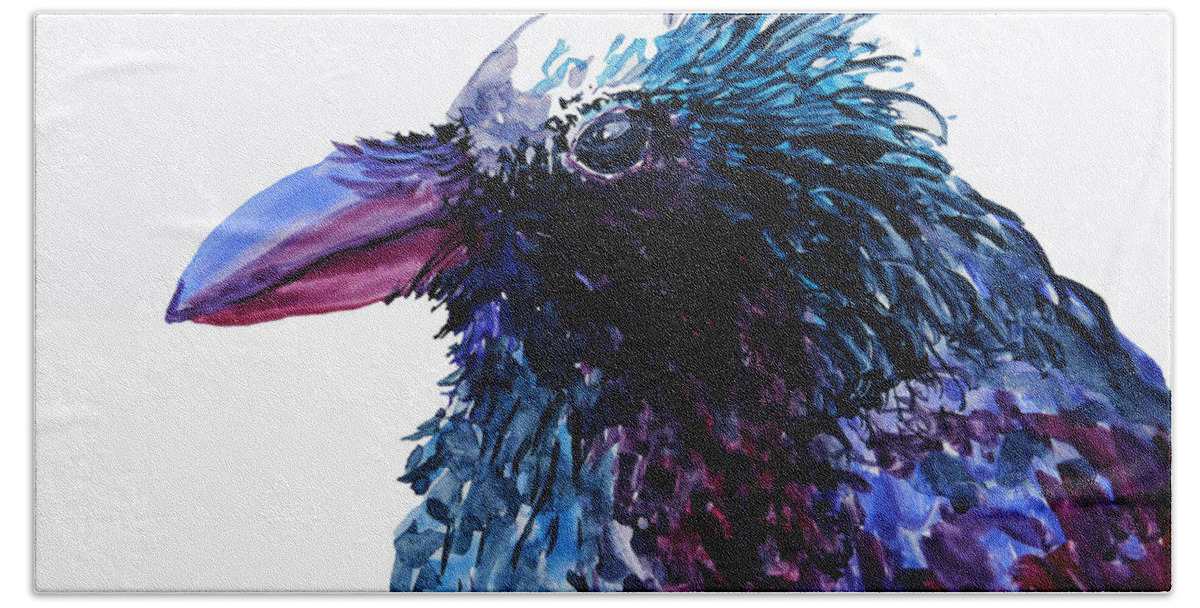 Raven Bath Towel featuring the painting Riled Raven by Karen Mattson