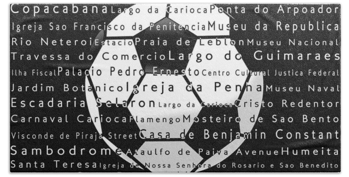 City Hand Towel featuring the digital art Rio de Janeiro in Words Black Soccer by Sabine Jacobs