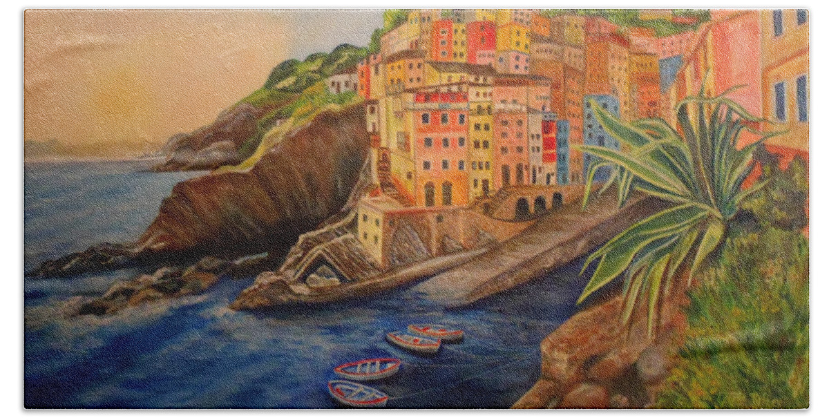 Italy Hand Towel featuring the painting Riomaggiore Amore by Julie Brugh Riffey