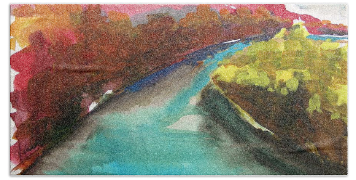 Watercolor Landscape Bath Towel featuring the painting River Bend in October by John Williams