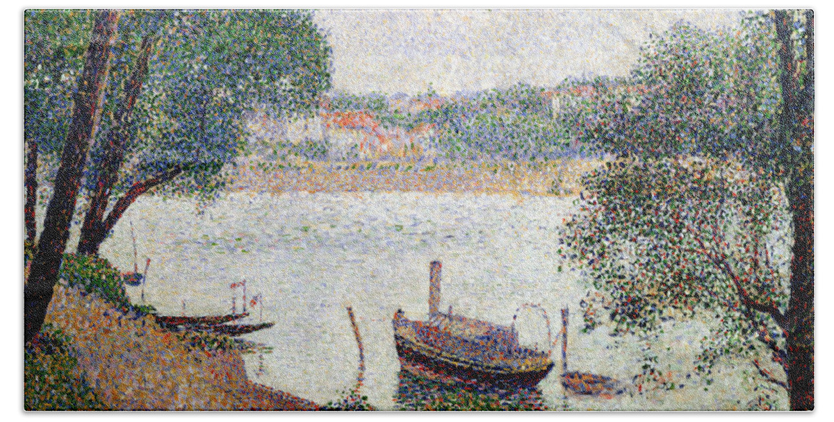Seurat Hand Towel featuring the painting River Landscape with a boat, Seurat, Georges Pierre by Georges Pierre Seurat