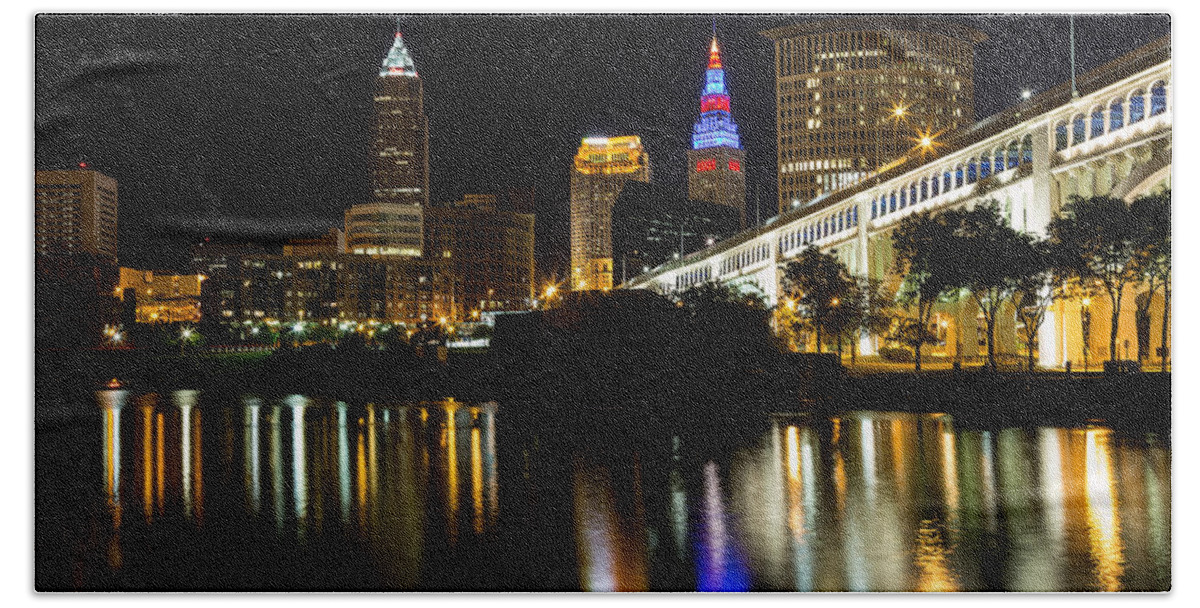  Cleveland Skyline Hand Towel featuring the photograph River Reflections of Cleveland Ohio by Dale Kincaid