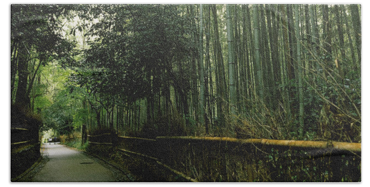 Photography Hand Towel featuring the photograph Road Passing Through A Bamboo Forest by Panoramic Images