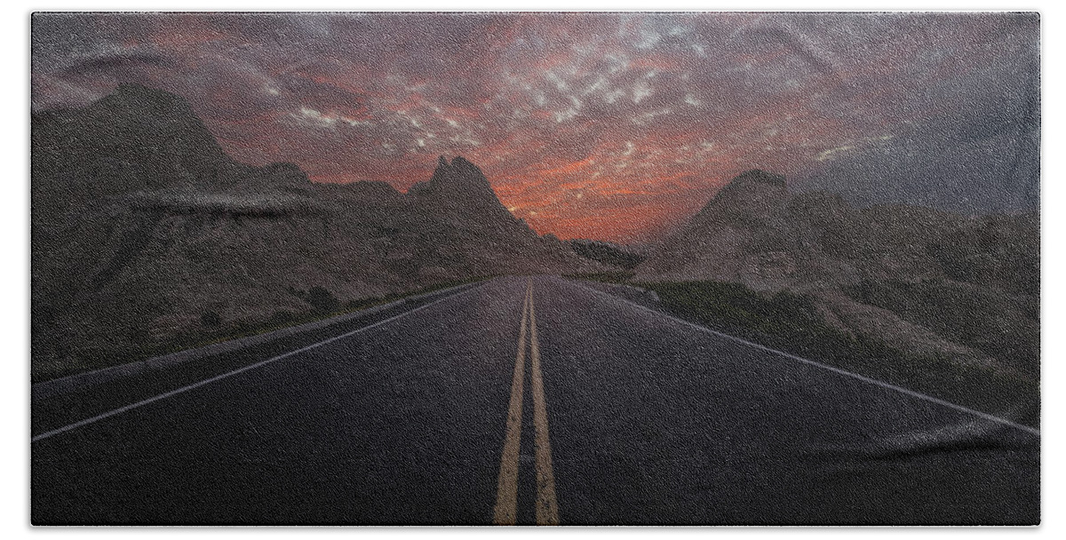Road To Nowhere Hand Towel featuring the photograph Road to Nowhere Badlands by Aaron J Groen