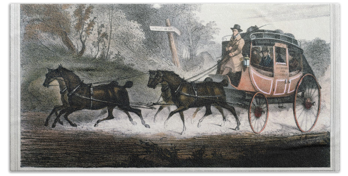 1830 Bath Towel featuring the painting Road Travel/stagecoach by Granger