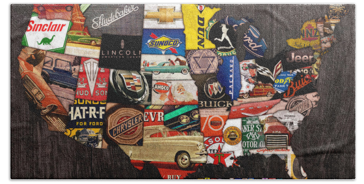 Road Trip Usa Bath Towel featuring the mixed media Road Trip Usa American Love Affair with Cars and the Open Road by Design Turnpike