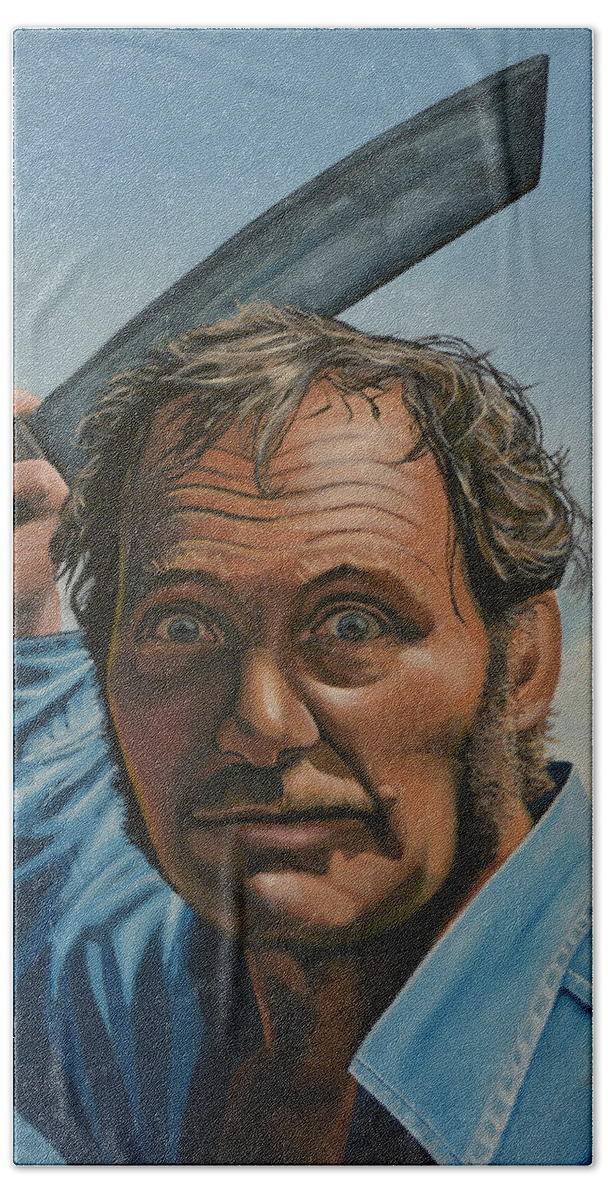 Robert Shaw Bath Towel featuring the painting Robert Shaw in Jaws by Paul Meijering