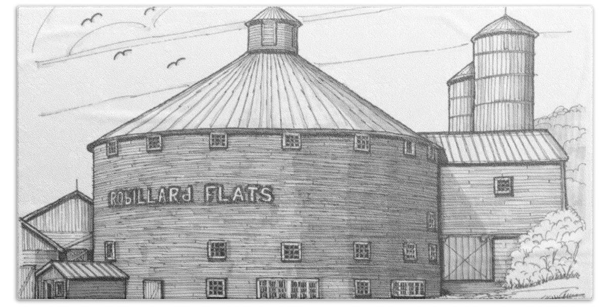 Robillard Flats Hand Towel featuring the drawing Robillard Flats Round Barn by Richard Wambach