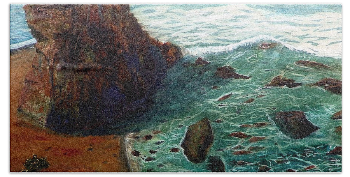 Beach Bath Towel featuring the painting Rock Beach and Sea by Chriss Pagani