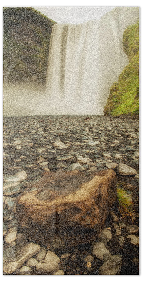 Skogafoss Waterfall Bath Towel featuring the photograph Rock n' fall by Greg Wyatt