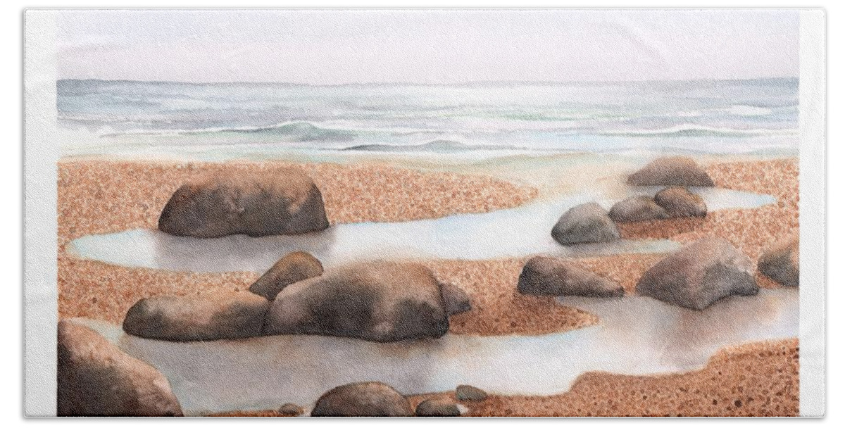Beach Bath Towel featuring the painting Rock Pools in the Sand by Hilda Wagner