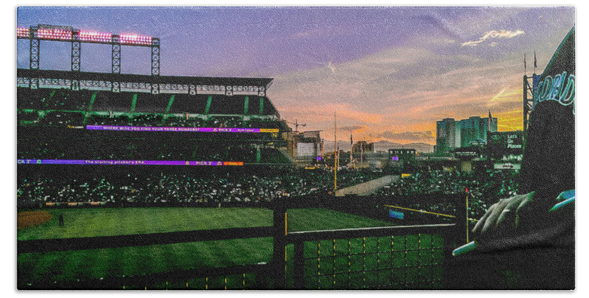 Baseball Bath Towel featuring the photograph Rockies game at sunset by Stacy Abbott