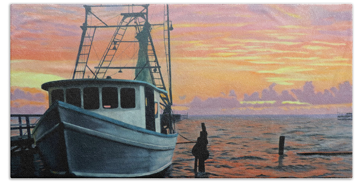 Rockport Texas Shrimp Boat Bath Towel featuring the painting Rockport Sunrise by Jimmie Bartlett