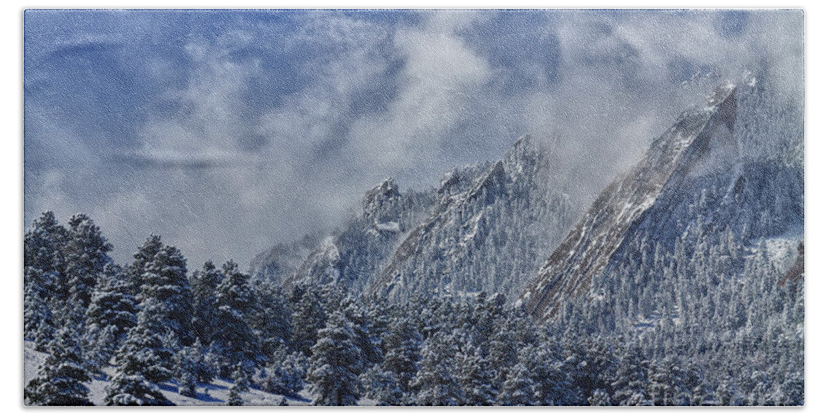 Flatirons Hand Towel featuring the photograph Rocky Mountain Dusting Of Snow Boulder Colorado by James BO Insogna