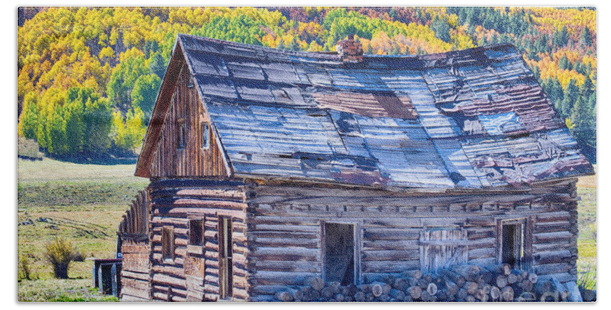 Autumn Bath Towel featuring the photograph Rocky Mountain Rural Rustic Cabin Autumn View by James BO Insogna