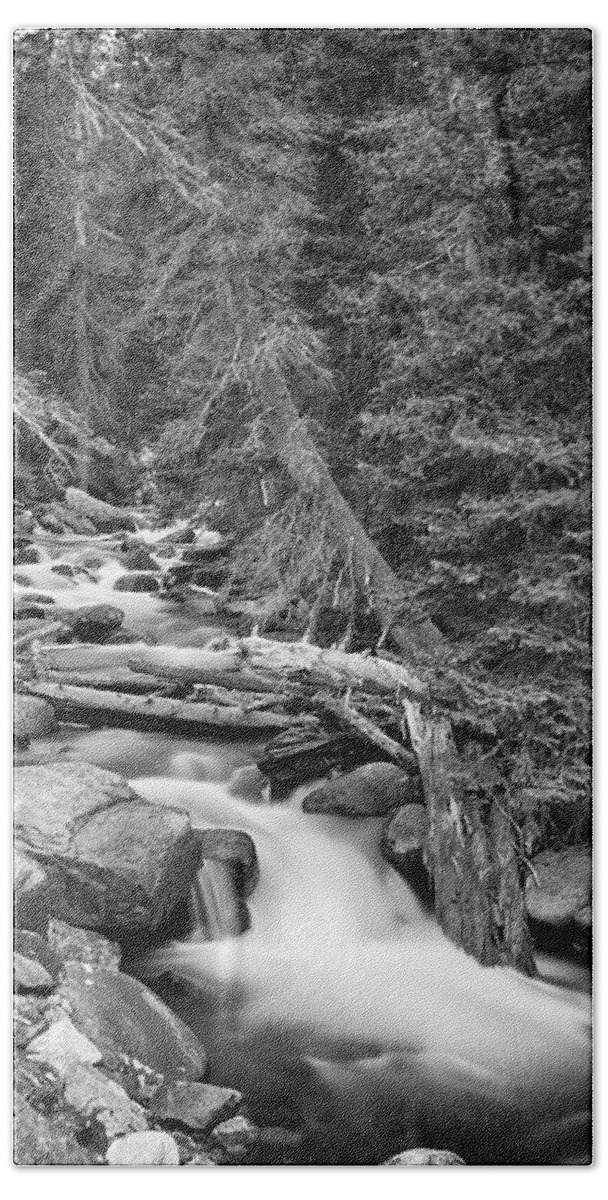 Mountain Stream Bath Towel featuring the photograph Rocky Mountain Stream in Black and White by James BO Insogna