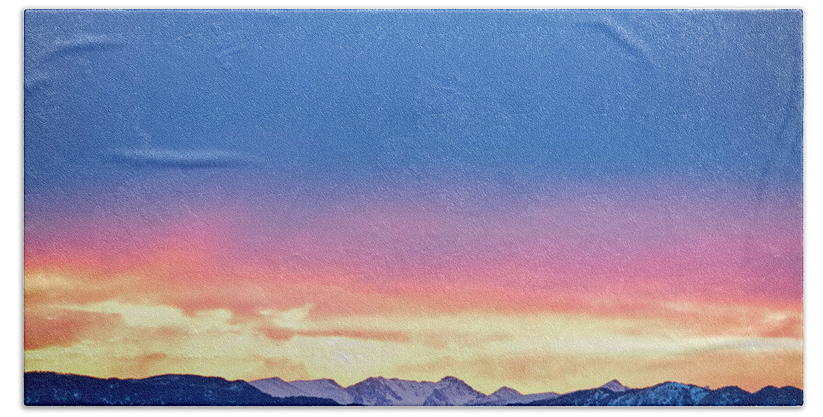 Winter Bath Towel featuring the photograph Rocky Mountain Sunset Clouds Burning Layers by James BO Insogna