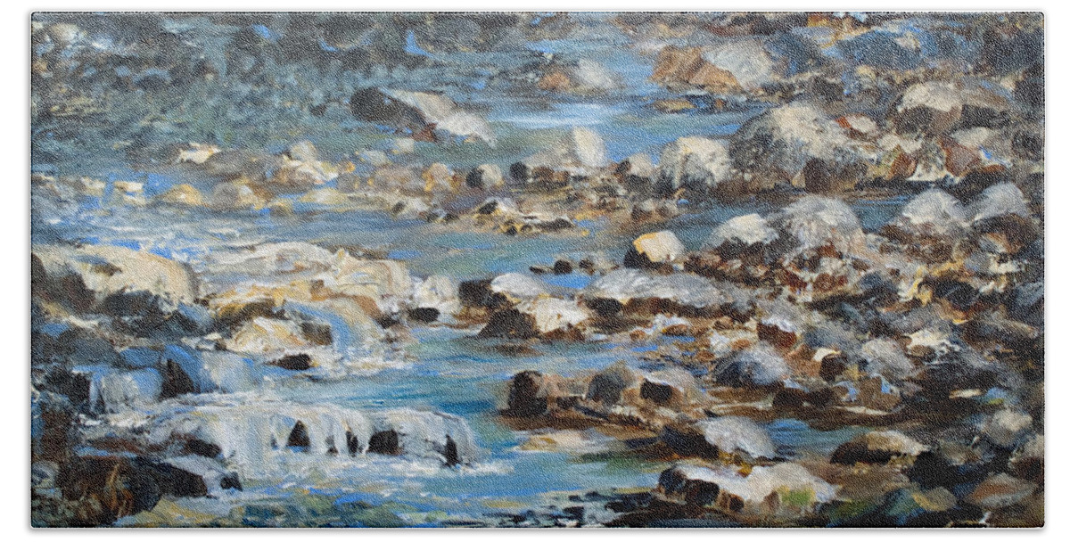 Rocks Hand Towel featuring the painting Rocky Shore by Jo Smoley