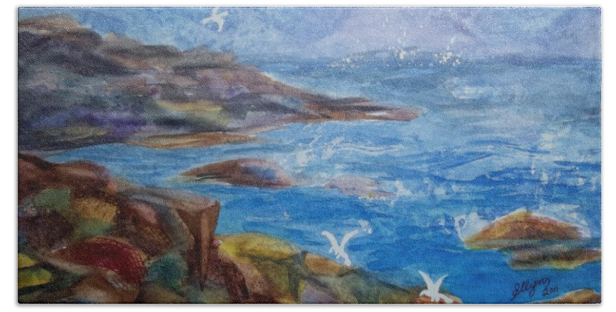 Maine Coast Hand Towel featuring the painting Rocky Shores of Maine by Ellen Levinson
