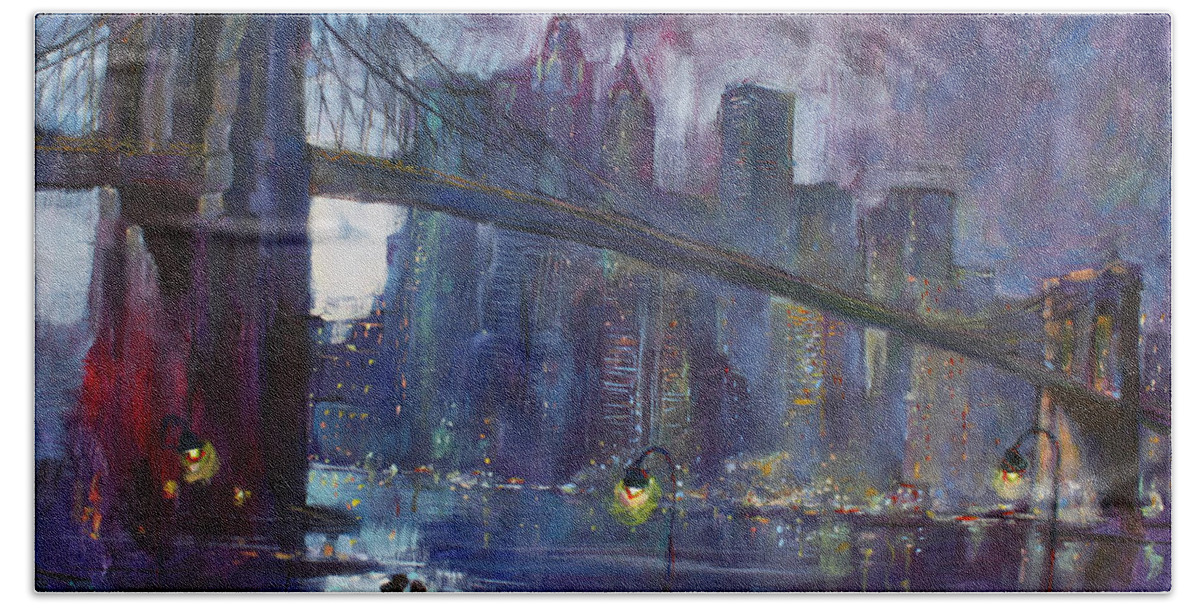 Brooklyn Bridge Bath Sheet featuring the painting Romance by East River NYC by Ylli Haruni