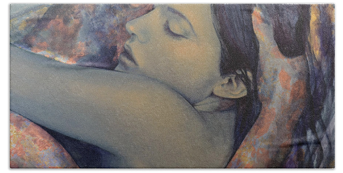 Fantasy Hand Towel featuring the painting Romance with a Chimera by Dorina Costras