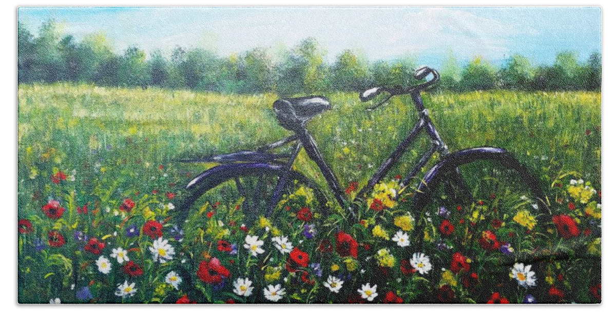 Bike Hand Towel featuring the painting Romantic Break by Vesna Martinjak