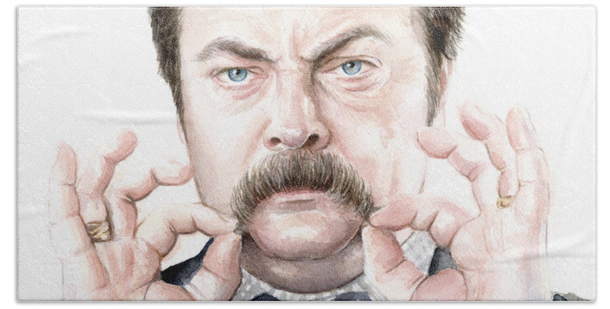 Ron Hand Towel featuring the painting Ron Swanson Mustache Portrait by Olga Shvartsur