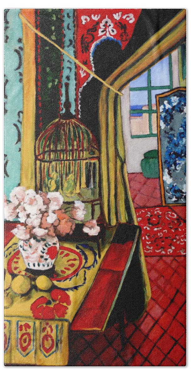 Room With A View Bath Towel featuring the painting Room With A View after Matisse by Tom Roderick