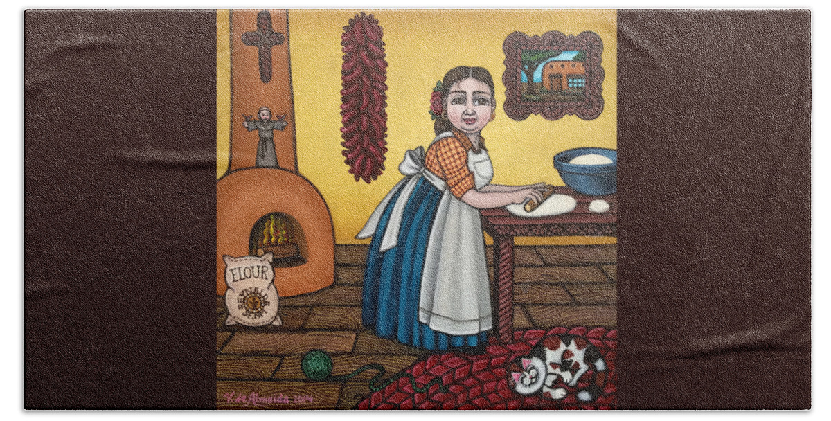 Cook Bath Towel featuring the painting Rosas Kitchen by Victoria De Almeida