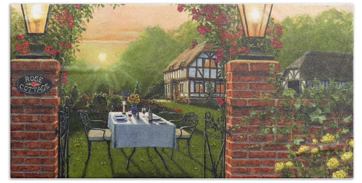 Landscape Hand Towel featuring the painting Rose Cottage - Dinner for Two by Richard Harpum