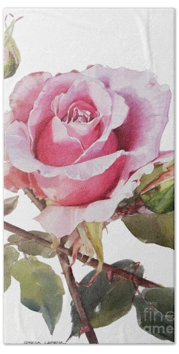 Greta Corens Artist Hand Towel featuring the painting Watercolor of a Graceful Pink Rose by Greta Corens