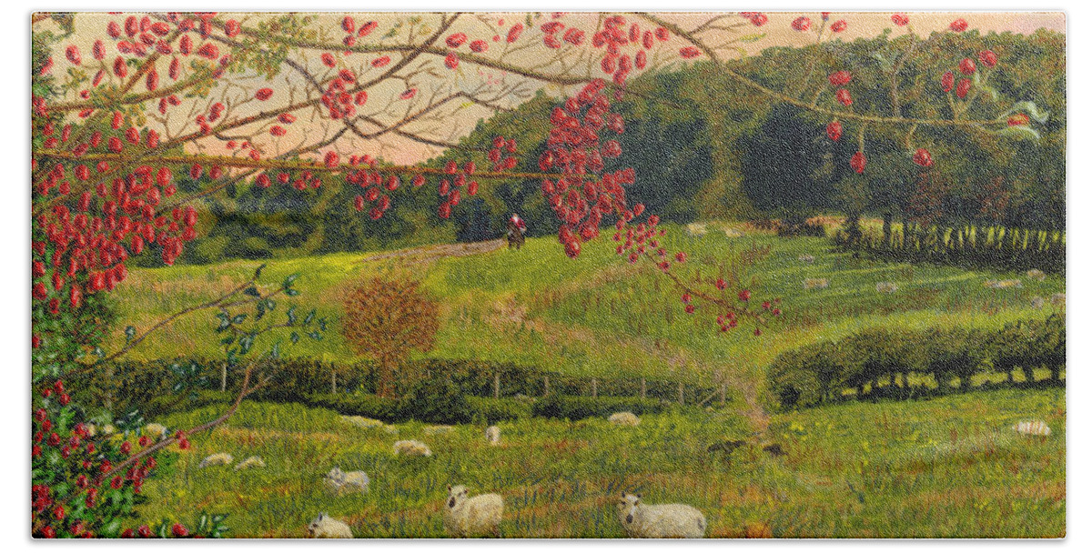 Rosehips Welsh Landscape Art Hand Towel featuring the painting Rosehips Welsh Landscape Art by Edward McNaught-Davis