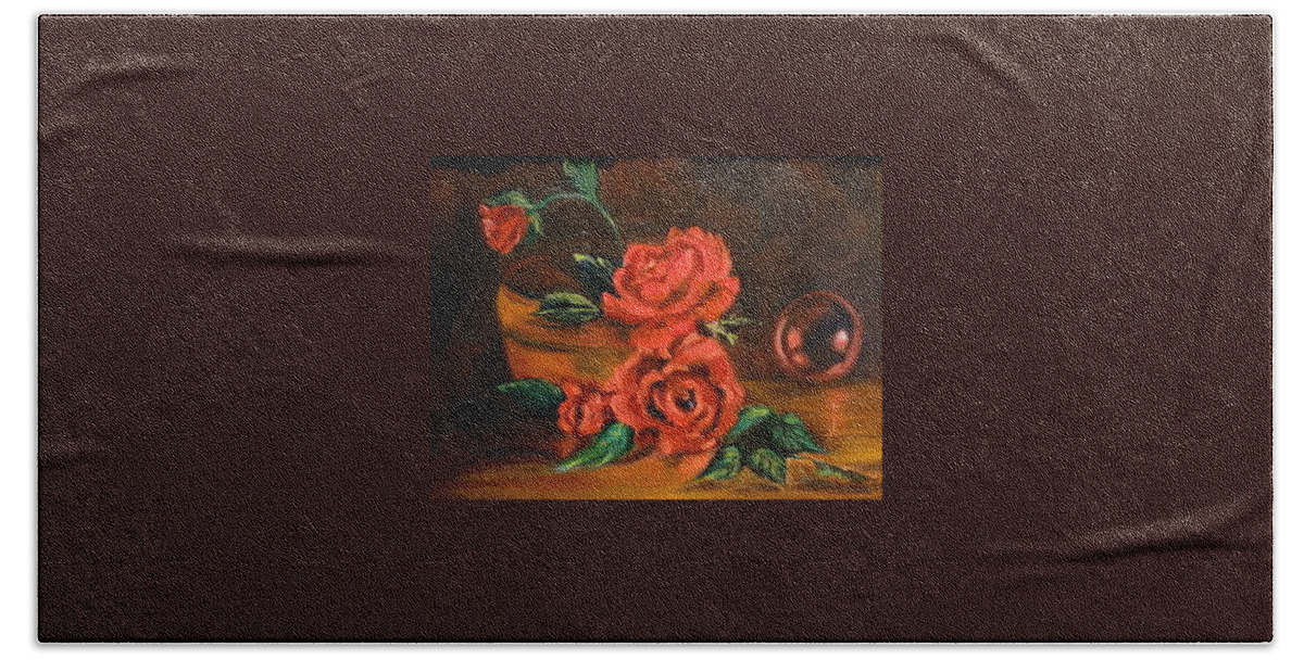  Red Roses Hand Towel featuring the painting Roses are Red by Jenny Lee