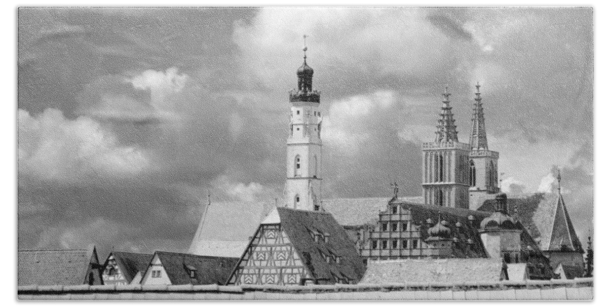 Rothenburg Bath Towel featuring the photograph Rothenburg towers in black and white by Corinne Rhode